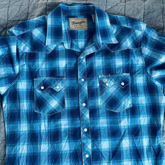 wrangler retro men’s modern fit western shirt blue long sleeve snap cotton large - Picture 7 of 11